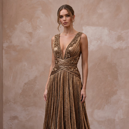 Metallic Bronze Plunge Neck Pleated Lurex Formal Gown - Apparel & Accessories > Clothing > Wedding & Bridal Party Dresses > Wedding Dresses - Mignonette Bridal