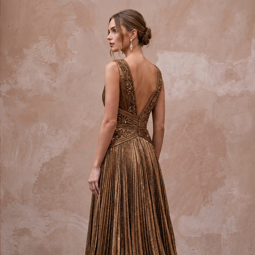 Metallic Bronze Plunge Neck Pleated Lurex Formal Gown - Apparel & Accessories > Clothing > Wedding & Bridal Party Dresses > Wedding Dresses - Mignonette Bridal