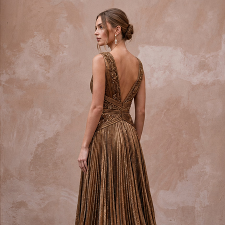 Metallic Bronze Plunge Neck Pleated Lurex Formal Gown - Apparel & Accessories > Clothing > Wedding & Bridal Party Dresses > Wedding Dresses - Mignonette Bridal