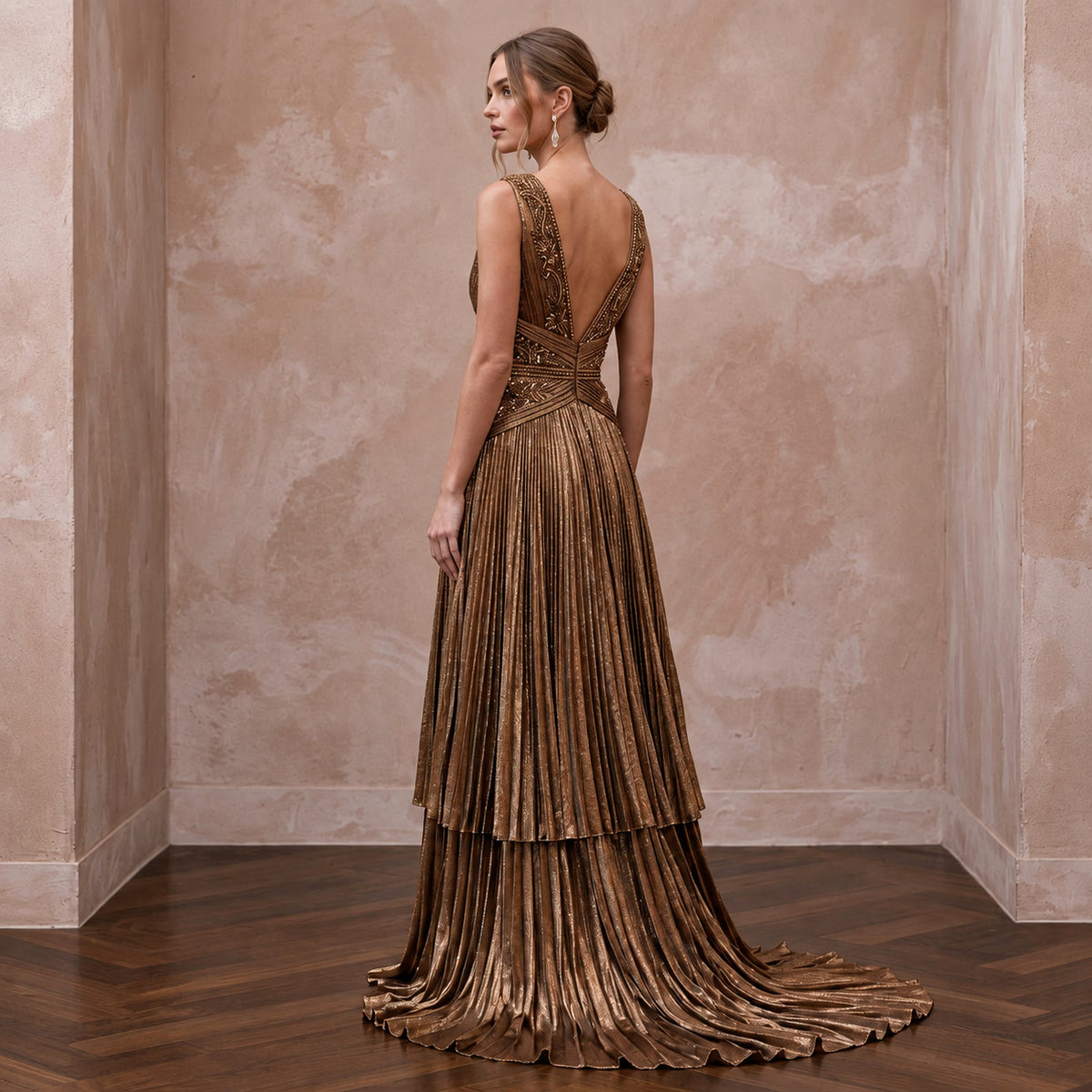 Metallic Bronze Plunge Neck Pleated Lurex Formal Gown - Apparel & Accessories > Clothing > Wedding & Bridal Party Dresses > Wedding Dresses - Mignonette Bridal
