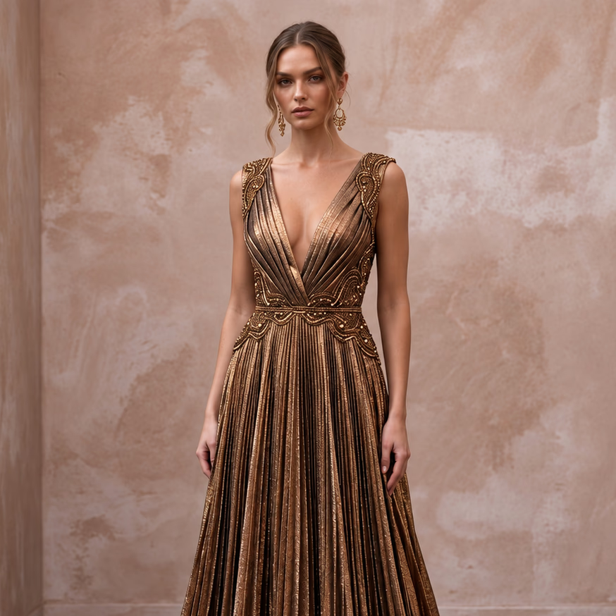 Metallic Bronze Plunge Neck Pleated Lurex Gown
