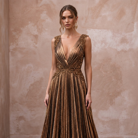 Metallic Bronze Plunge Neck Pleated Lurex Gown