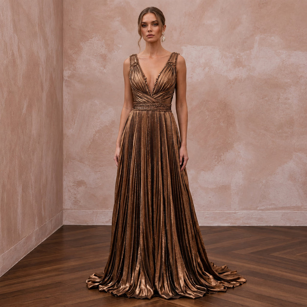 Metallic Bronze Plunge Neck Pleated Lurex Gown - Apparel & Accessories > Clothing > Wedding & Bridal Party Dresses > Wedding Dresses - Mignonette Bridal