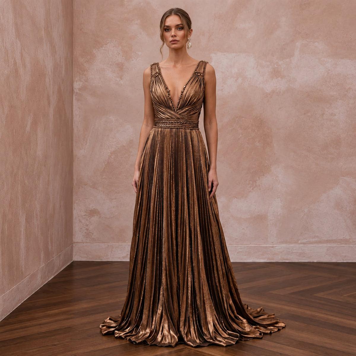 Metallic Bronze Plunge Neck Pleated Lurex Gown - Apparel & Accessories > Clothing > Wedding & Bridal Party Dresses > Wedding Dresses - Mignonette Bridal