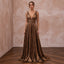 Metallic Bronze Plunge Neck Pleated Lurex Gown - Apparel & Accessories > Clothing > Wedding & Bridal Party Dresses > Wedding Dresses - Mignonette Bridal