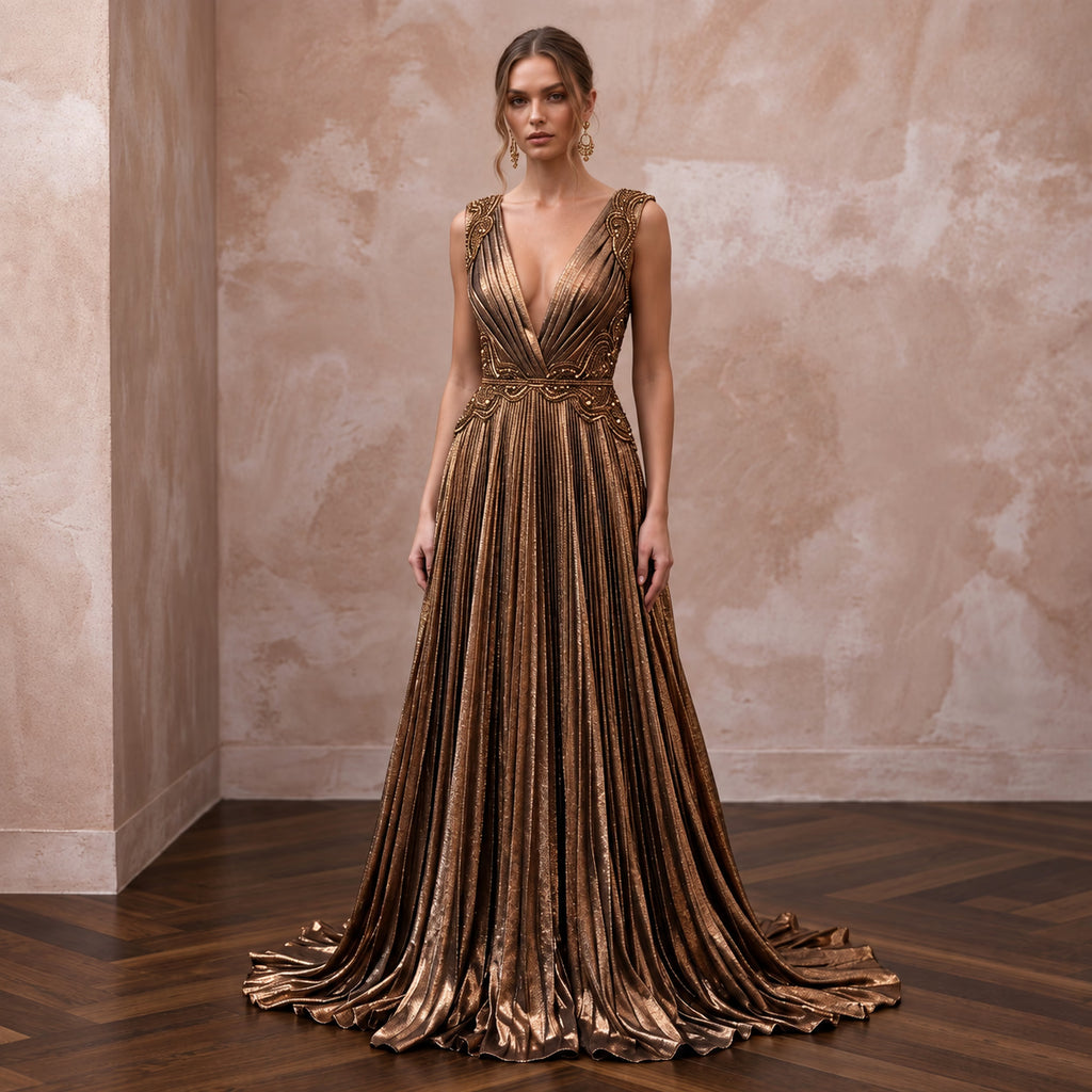 Metallic Bronze Plunge Neck Pleated Lurex Gown