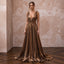 Metallic Bronze Plunge Neck Pleated Lurex Gown