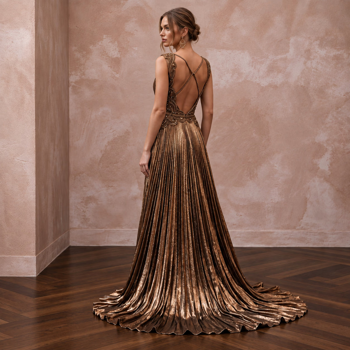 Metallic Bronze Plunge Neck Pleated Lurex Gown