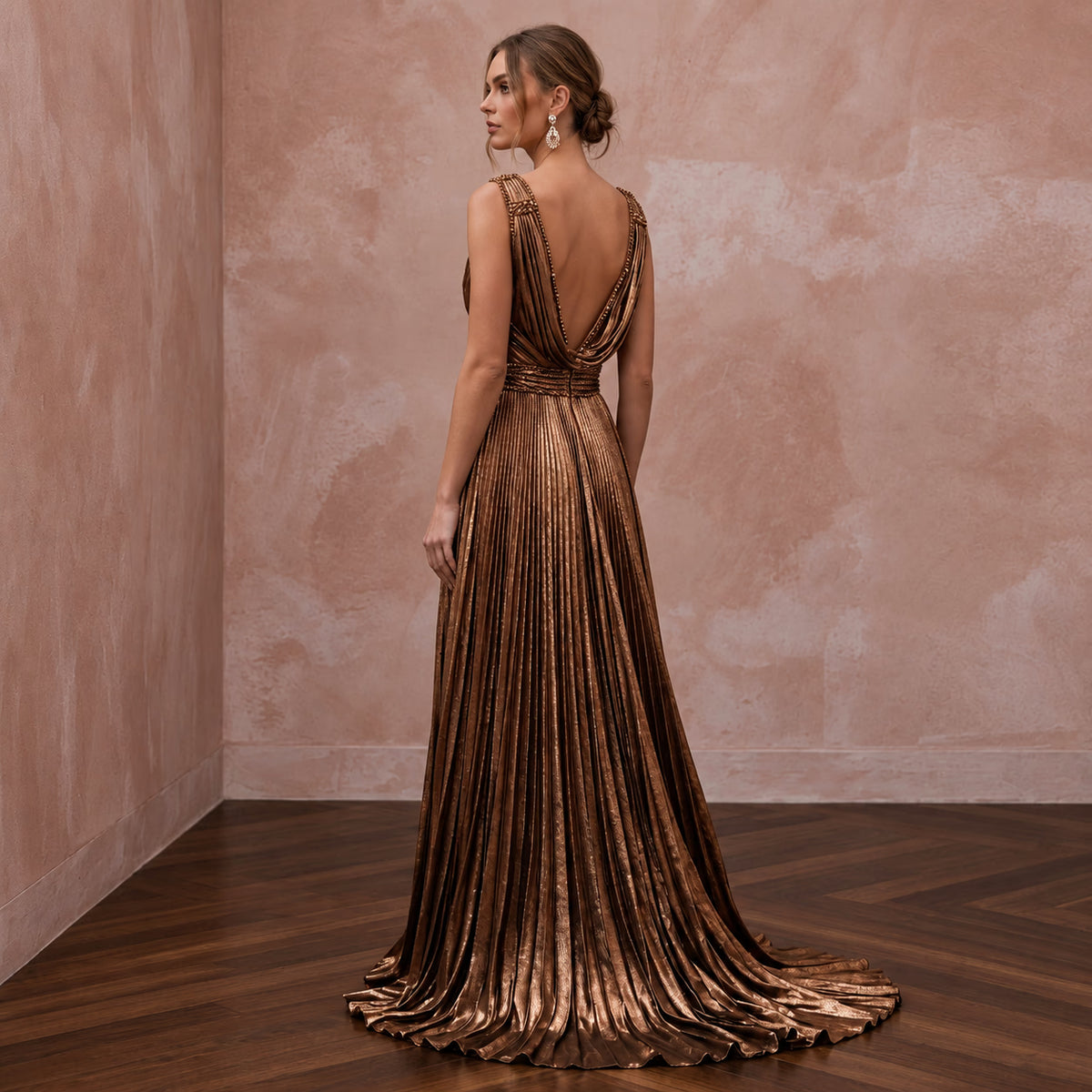 Metallic Bronze Plunge Neck Pleated Lurex Gown - Apparel & Accessories > Clothing > Wedding & Bridal Party Dresses > Wedding Dresses - Mignonette Bridal