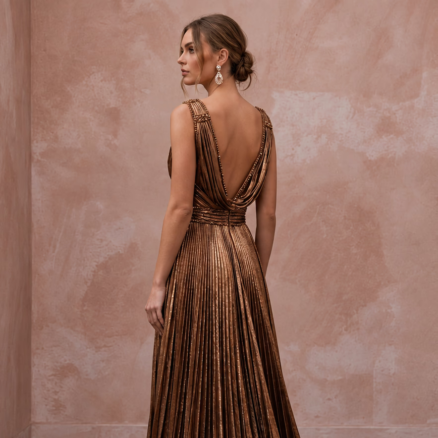 Metallic Bronze Plunge Neck Pleated Lurex Gown - Apparel & Accessories > Clothing > Wedding & Bridal Party Dresses > Wedding Dresses - Mignonette Bridal