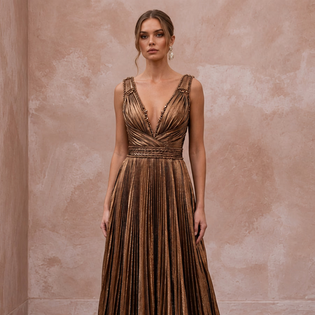 Metallic Bronze Plunge Neck Pleated Lurex Gown - Apparel & Accessories > Clothing > Wedding & Bridal Party Dresses > Wedding Dresses - Mignonette Bridal