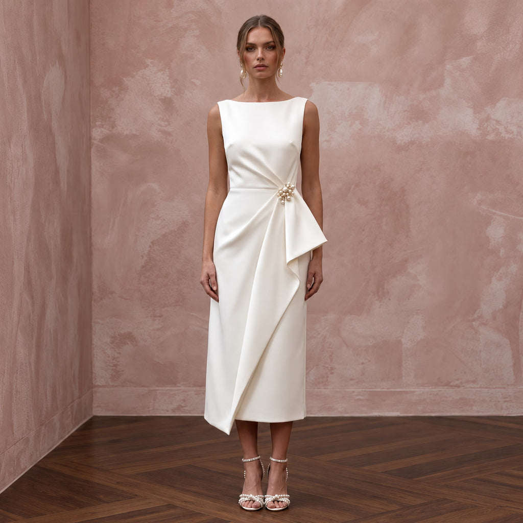 Mid-Century Modern Cream Satin Cocktail Bridal Dress for Engagement