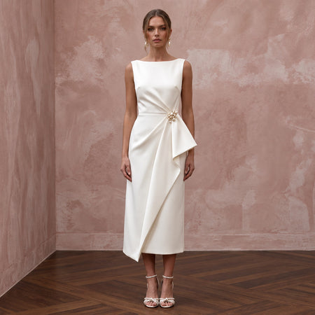 Mid-Century Modern Cream Satin Cocktail Bridal Dress for Engagement