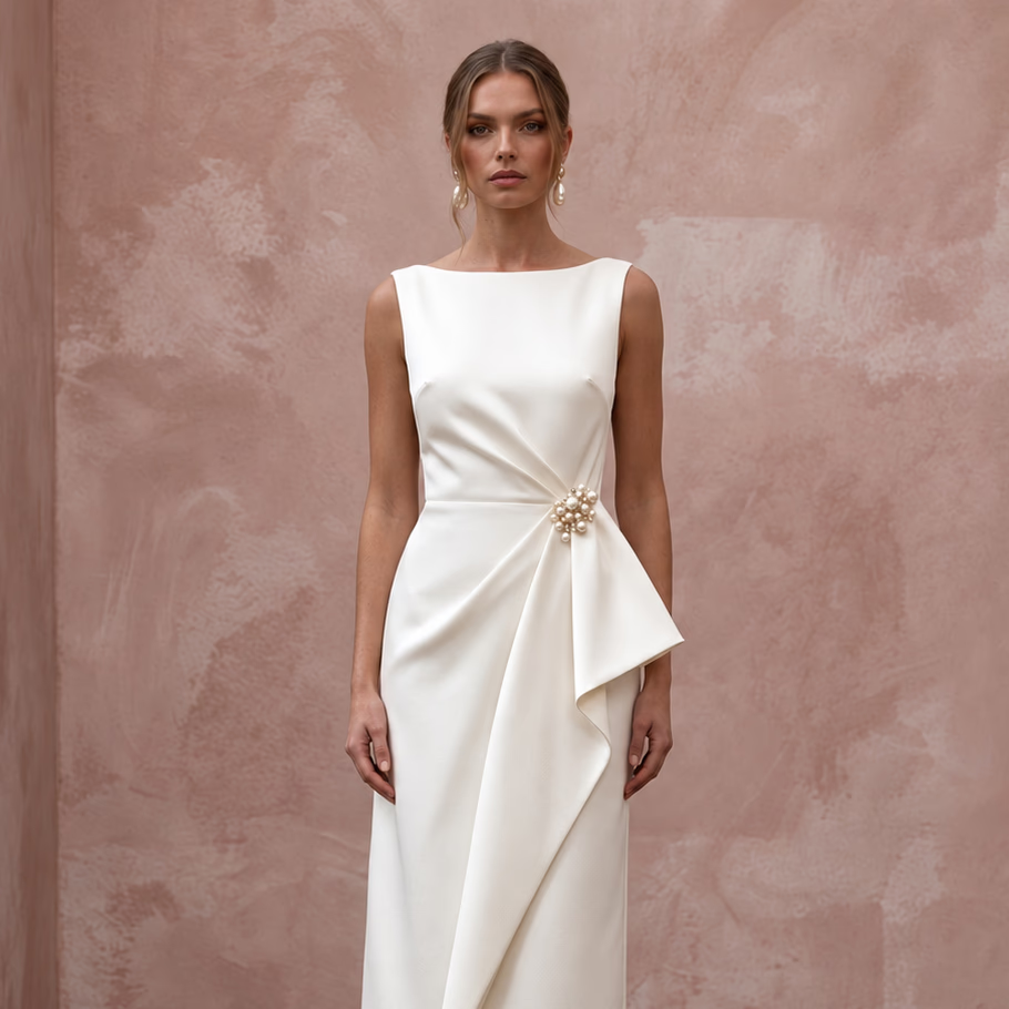 Mid-Century Modern Cream Satin Cocktail Bridal Dress for Engagement