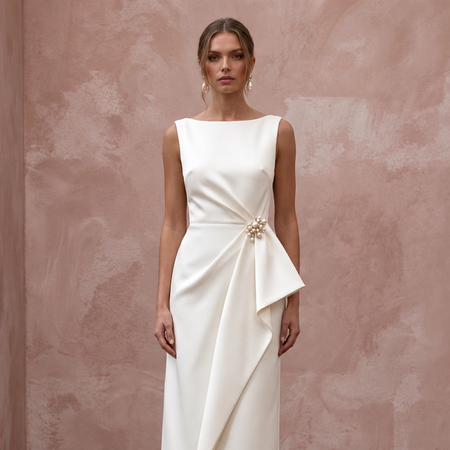 Mid-Century Modern Cream Satin Cocktail Bridal Dress for Engagement