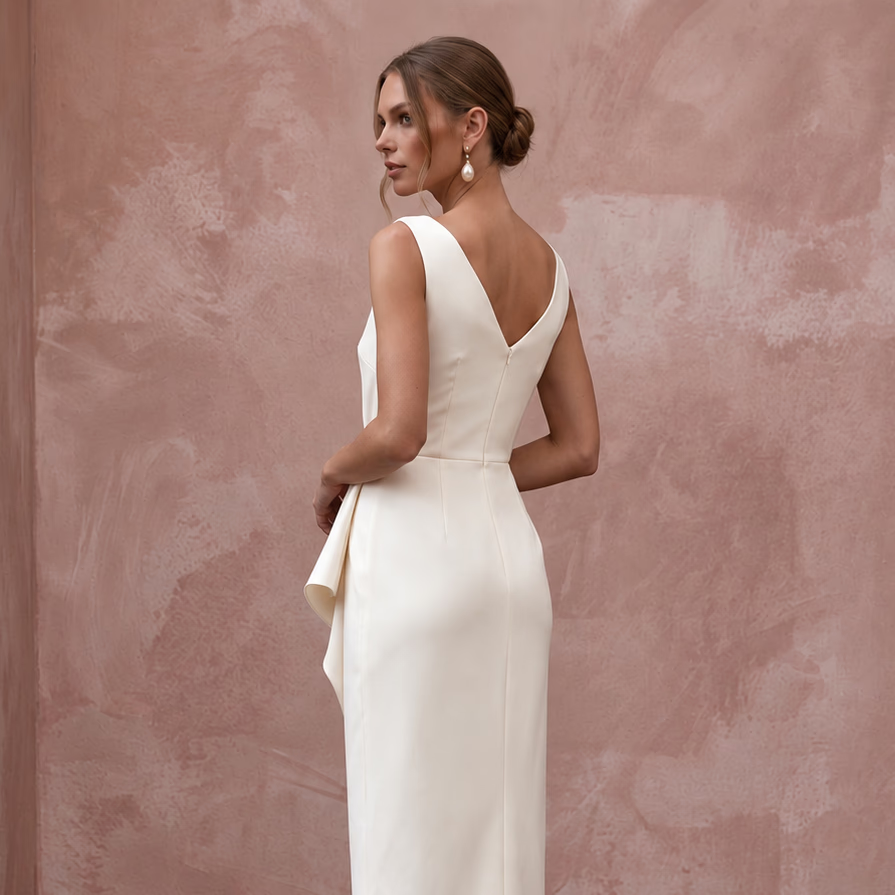 Mid-Century Modern Cream Satin Cocktail Bridal Dress for Engagement