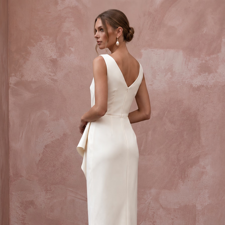 Mid-Century Modern Cream Satin Cocktail Bridal Dress for Engagement
