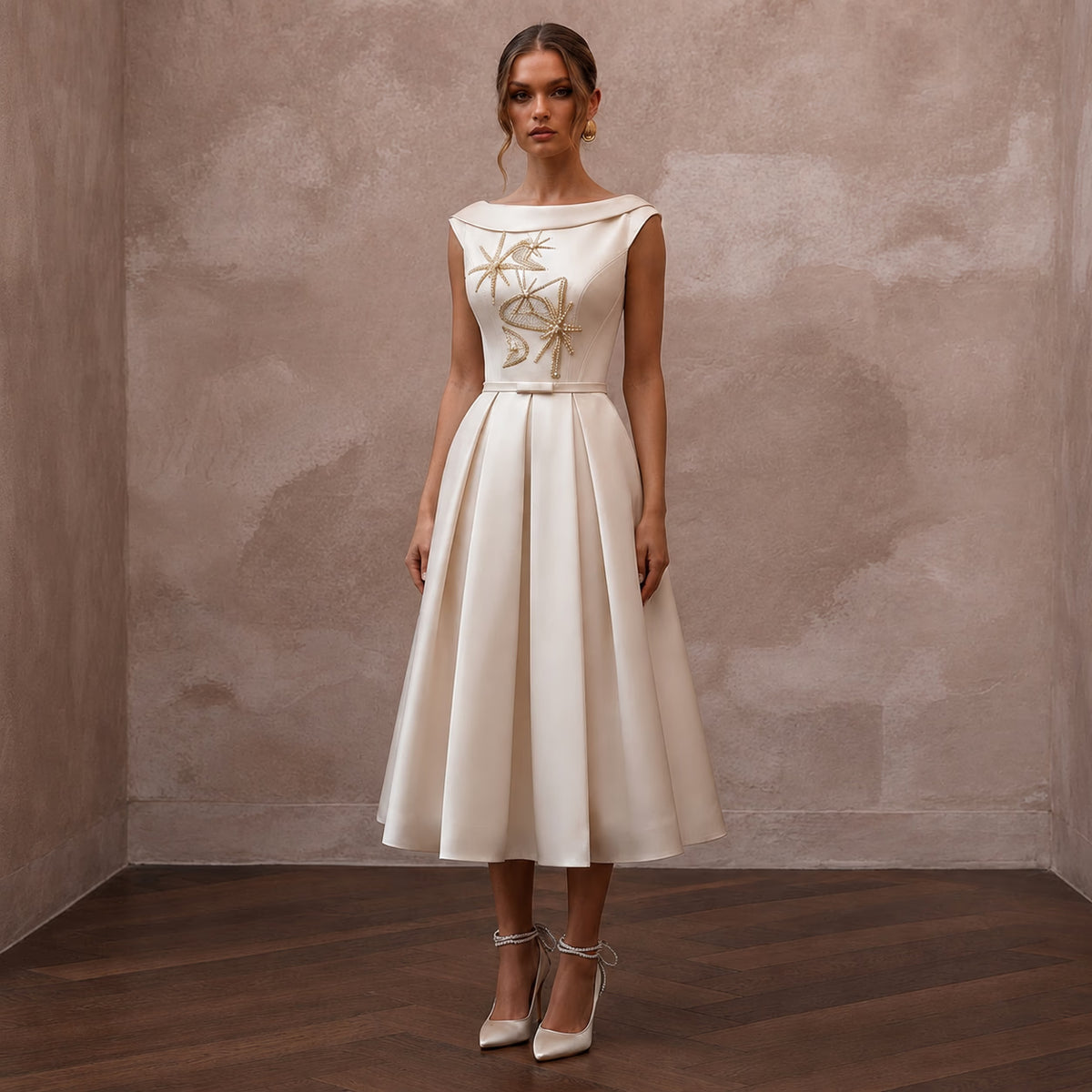 Mid - Century Modern Cream Satin Cocktail Dress for Engagement - Apparel & Accessories > Clothing > Wedding & Bridal Party Dresses > Wedding Dresses - Mignonette Bridal Main image