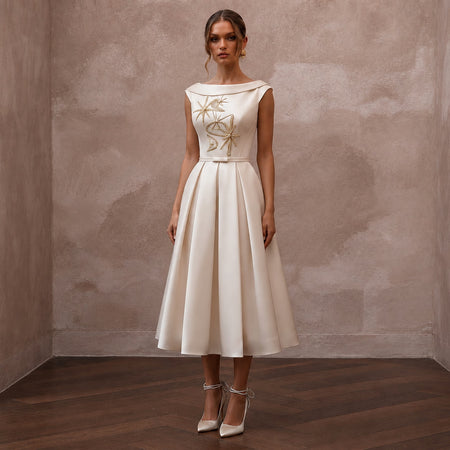 Mid - Century Modern Cream Satin Cocktail Dress for Engagement - Apparel & Accessories > Clothing > Wedding & Bridal Party Dresses > Wedding Dresses - Mignonette Bridal