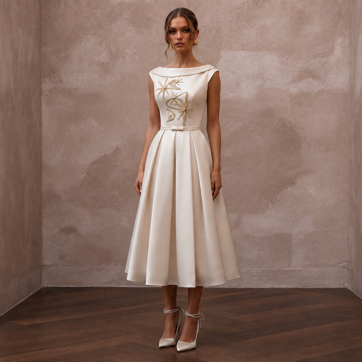 Mid-Century Modern Cream Satin Cocktail Dress for Engagement