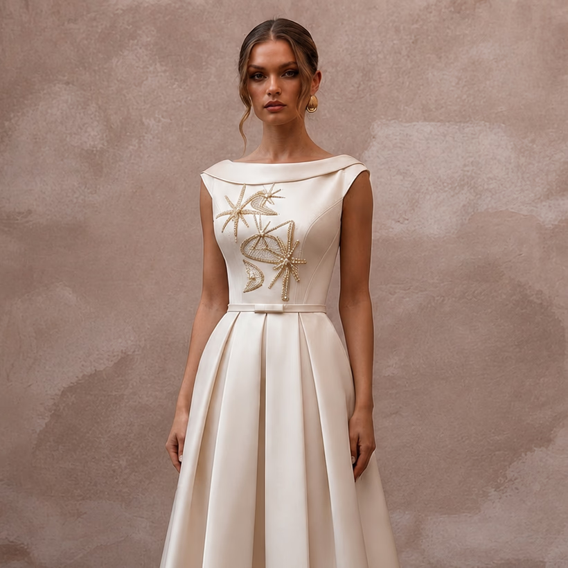 Mid - Century Modern Cream Satin Cocktail Dress for Engagement - Apparel & Accessories > Clothing > Wedding & Bridal Party Dresses > Wedding Dresses - Mignonette Bridal