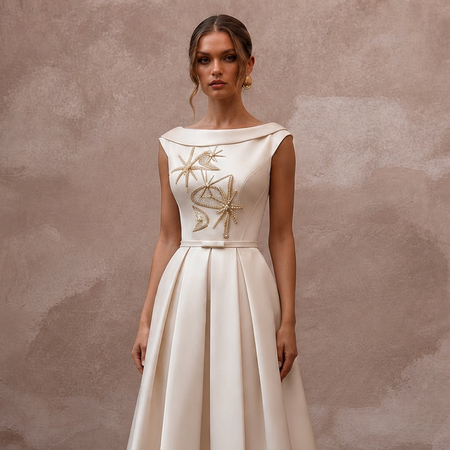 Mid - Century Modern Cream Satin Cocktail Dress for Engagement - Apparel & Accessories > Clothing > Wedding & Bridal Party Dresses > Wedding Dresses - Mignonette Bridal