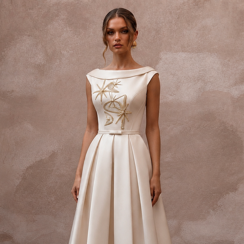 Mid-Century Modern Cream Satin Cocktail Dress for Engagement