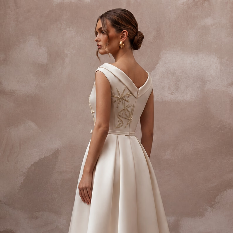 Mid - Century Modern Cream Satin Cocktail Dress for Engagement - Apparel & Accessories > Clothing > Wedding & Bridal Party Dresses > Wedding Dresses - Mignonette Bridal