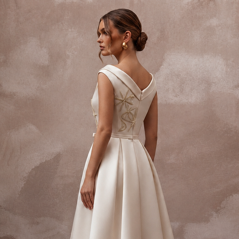 Mid-Century Modern Cream Satin Cocktail Dress for Engagement
