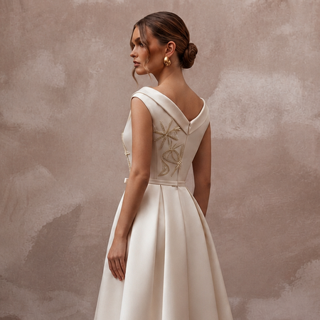 Mid-Century Modern Cream Satin Cocktail Dress for Engagement