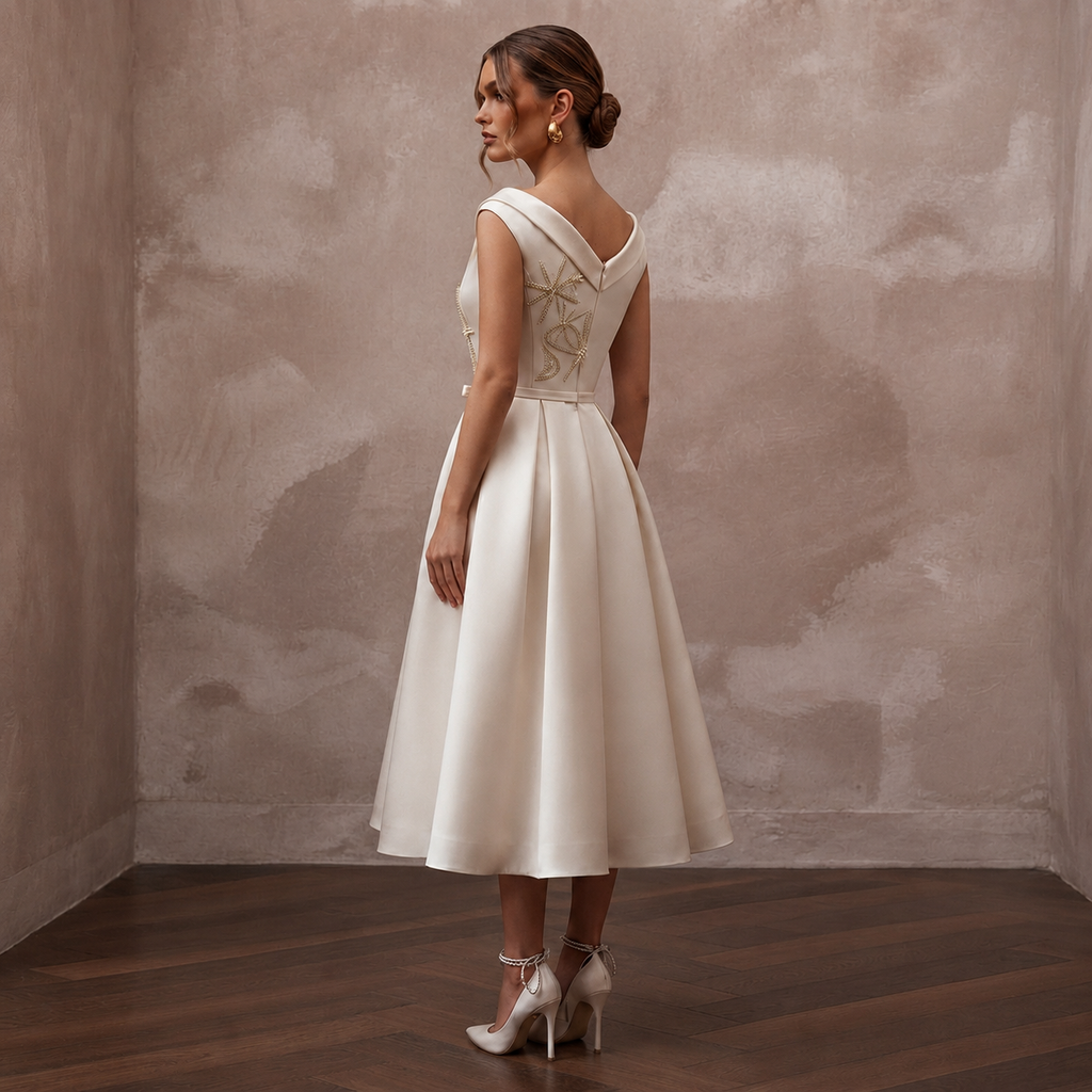 Mid-Century Modern Cream Satin Cocktail Dress for Engagement