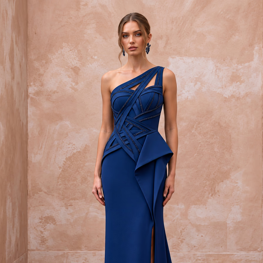 Midnight Blue Architectural Crepe One-Shoulder Evening Gown