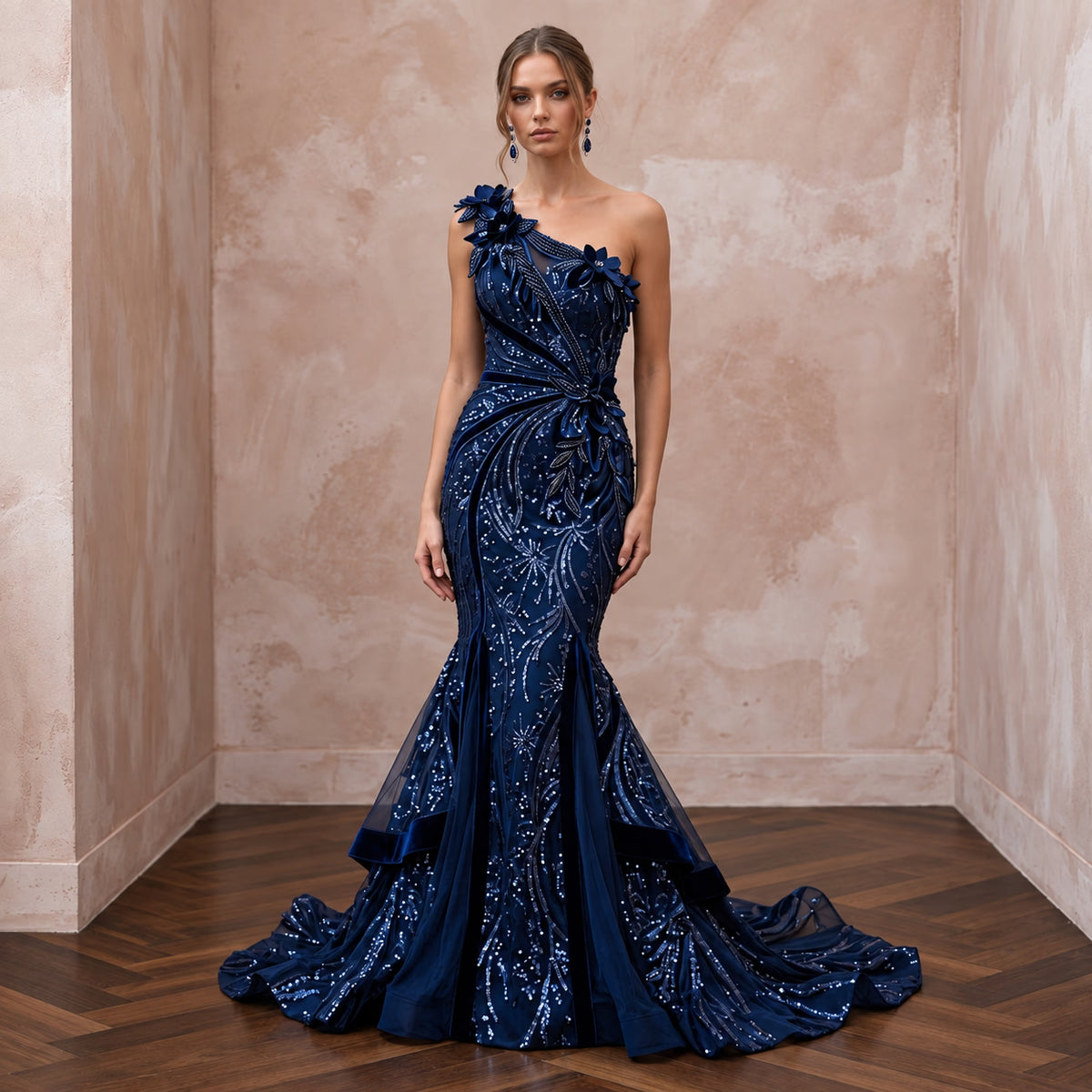 Midnight Blue Sequined One - Shoulder Mermaid Gown for Black Tie Gala - Apparel & Accessories > Clothing > Wedding & Bridal Party Dresses > Wedding Dresses - Mignonette Bridal