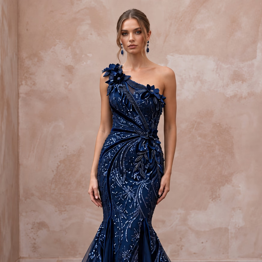 Midnight Blue Sequined One - Shoulder Mermaid Gown for Black Tie Gala - Apparel & Accessories > Clothing > Wedding & Bridal Party Dresses > Wedding Dresses - Mignonette Bridal