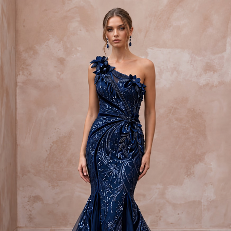 Midnight Blue Sequined One - Shoulder Mermaid Gown for Black Tie Gala - Apparel & Accessories > Clothing > Wedding & Bridal Party Dresses > Wedding Dresses - Mignonette Bridal