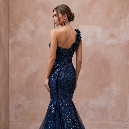 Midnight Blue Sequined One - Shoulder Mermaid Gown for Black Tie Gala - Apparel & Accessories > Clothing > Wedding & Bridal Party Dresses > Wedding Dresses - Mignonette Bridal