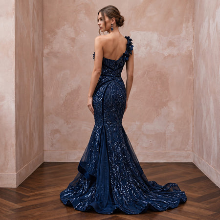 Midnight Blue Sequined One - Shoulder Mermaid Gown for Black Tie Gala - Apparel & Accessories > Clothing > Wedding & Bridal Party Dresses > Wedding Dresses - Mignonette Bridal