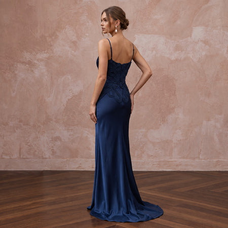 Midnight Blue Silk Charmeuse Bias Cut Slip Dress for Black Tie Gala