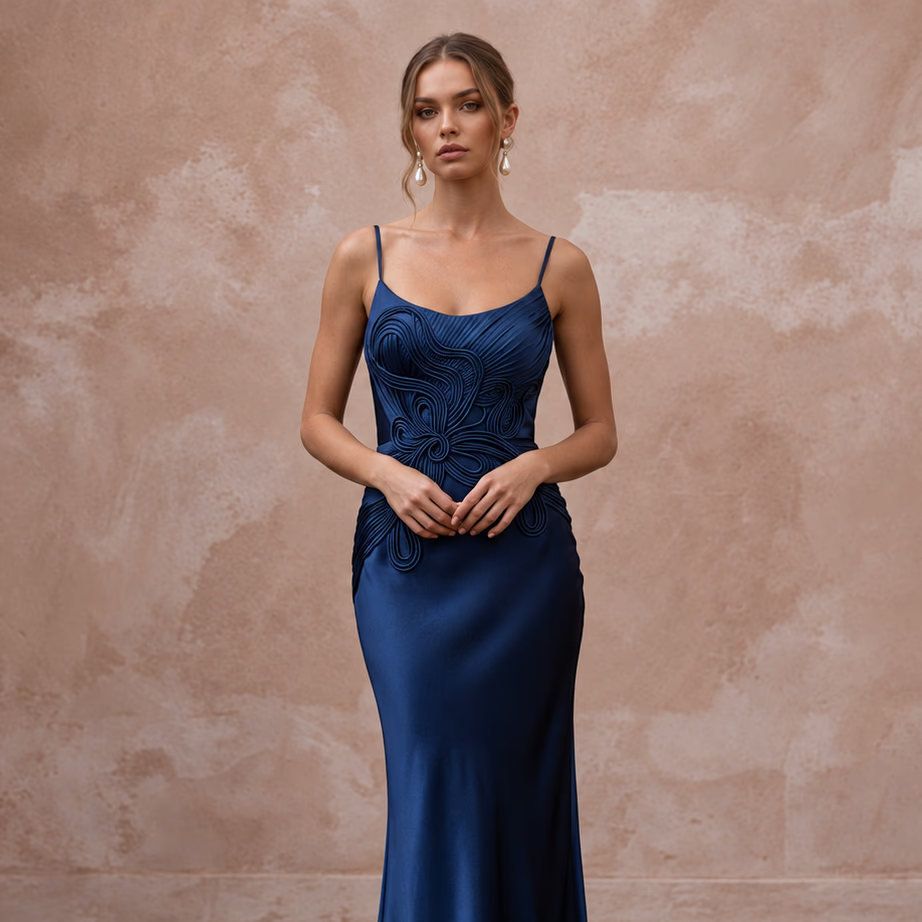 Midnight Blue Silk Charmeuse Bias Cut Slip Dress for Black Tie Gala