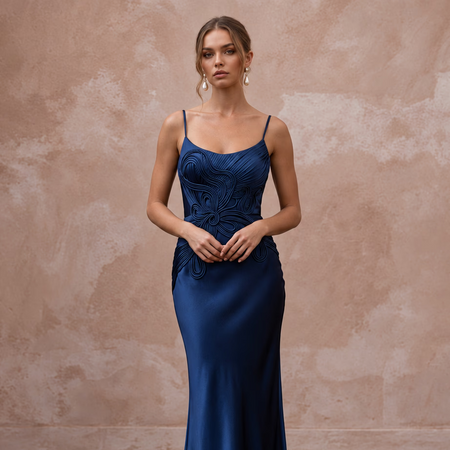 Midnight Blue Silk Charmeuse Bias Cut Slip Dress for Black Tie Gala