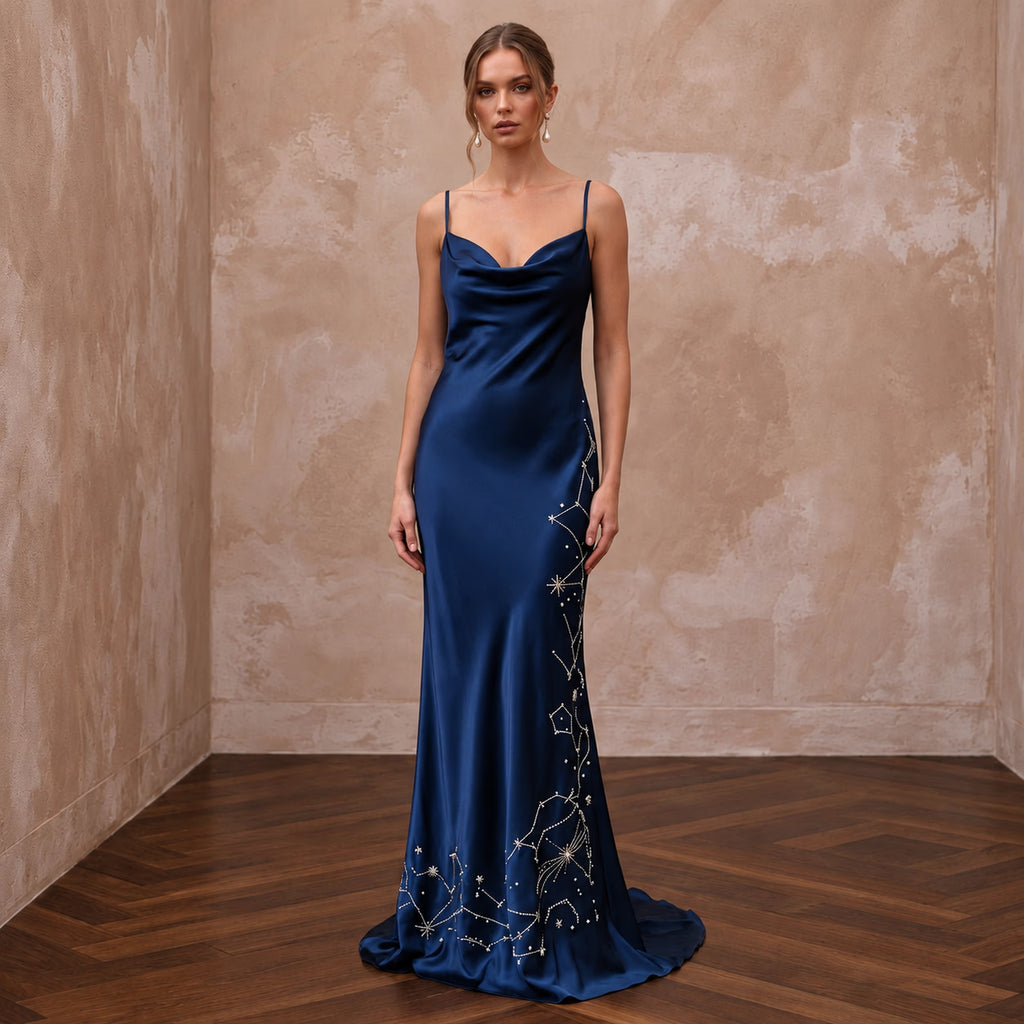 Midnight Blue Silk Charmeuse Cowl Neck Bias Cut Slip Dress