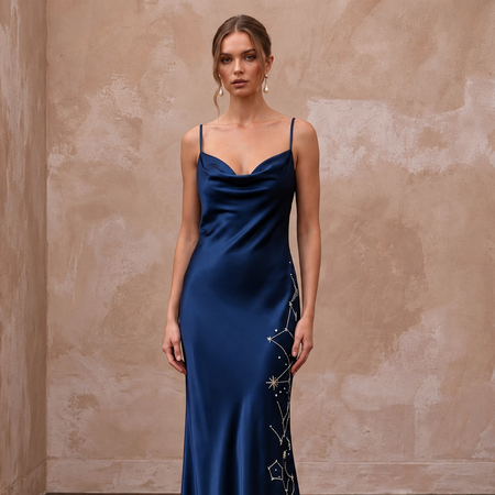 Midnight Blue Silk Charmeuse Cowl Neck Bias Cut Slip Dress