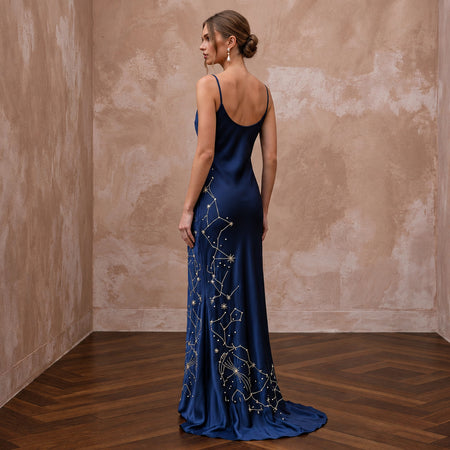 Midnight Blue Silk Charmeuse Cowl Neck Bias Cut Slip Dress