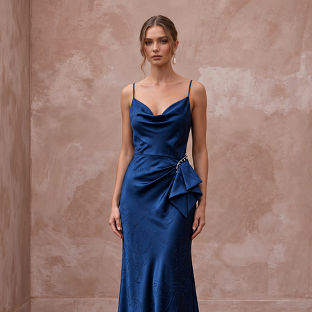 Midnight blue silk charmeuse cowl neck slip dress with elegant draping and a chic bow detail. Perfect for gala events.
