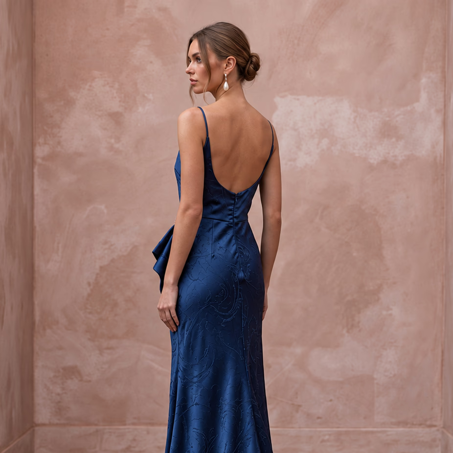 Midnight blue silk charmeuse cowl neck slip dress with a low back and elegant silhouette. Perfect for gala events.