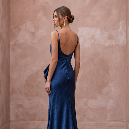 Midnight blue silk charmeuse cowl neck slip dress with a low back and elegant silhouette. Perfect for gala events.