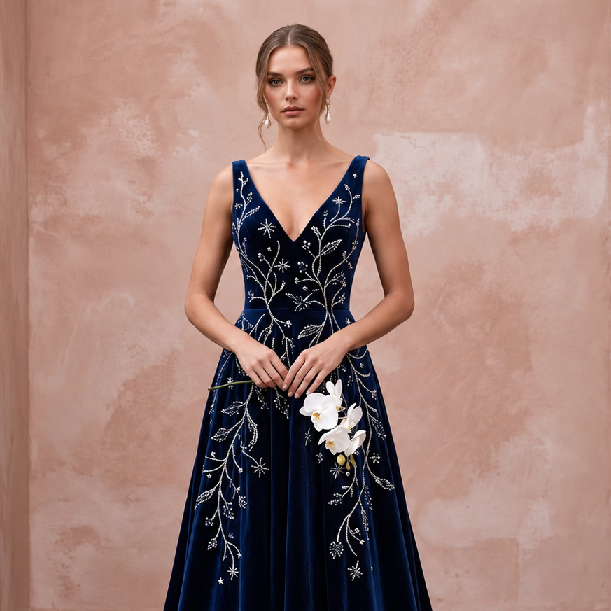 Midnight Blue Velvet A-Line Bridal Dress for Bridal Shower Evening