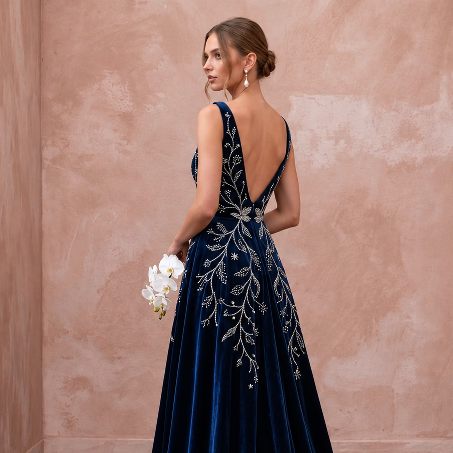 Midnight Blue Velvet A-Line Bridal Dress for Bridal Shower Evening