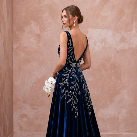 Midnight Blue Velvet A-Line Bridal Dress for Bridal Shower Evening