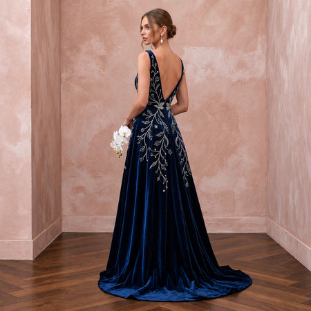 Midnight Blue Velvet A-Line Bridal Dress for Bridal Shower Evening